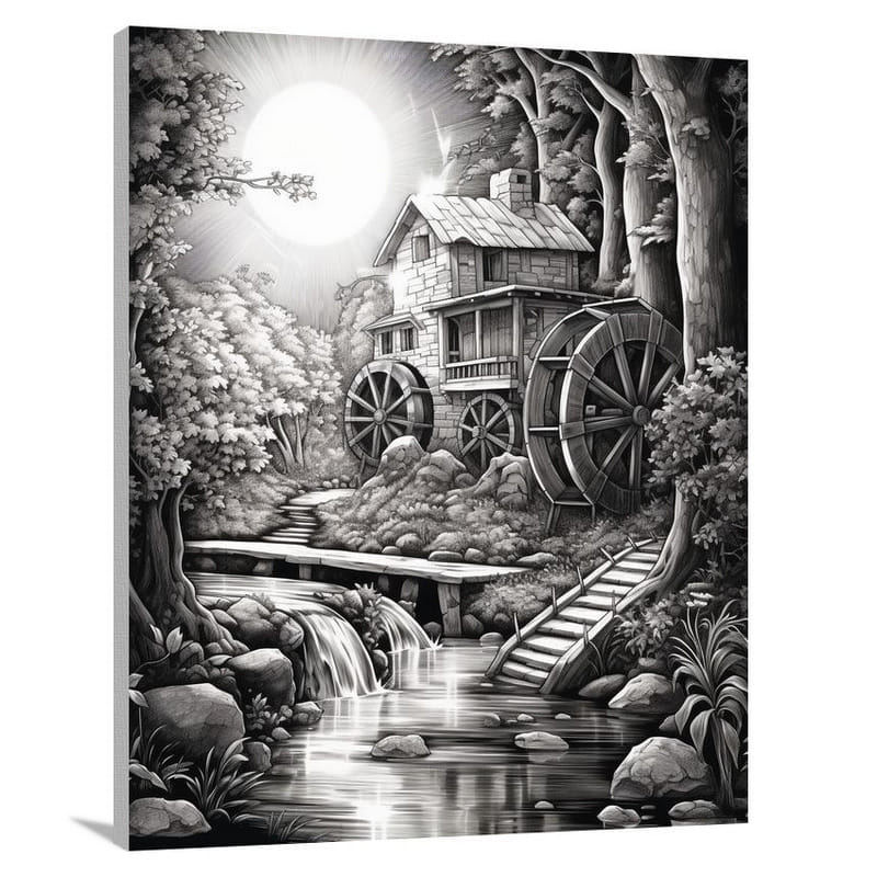 Watermill's Enchantment - Black And White - Canvas Print