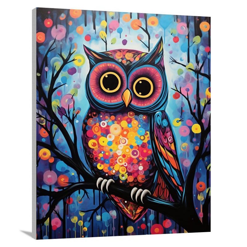 Whimsical Owl: A Colorful Dance - Pop Art - Canvas Print