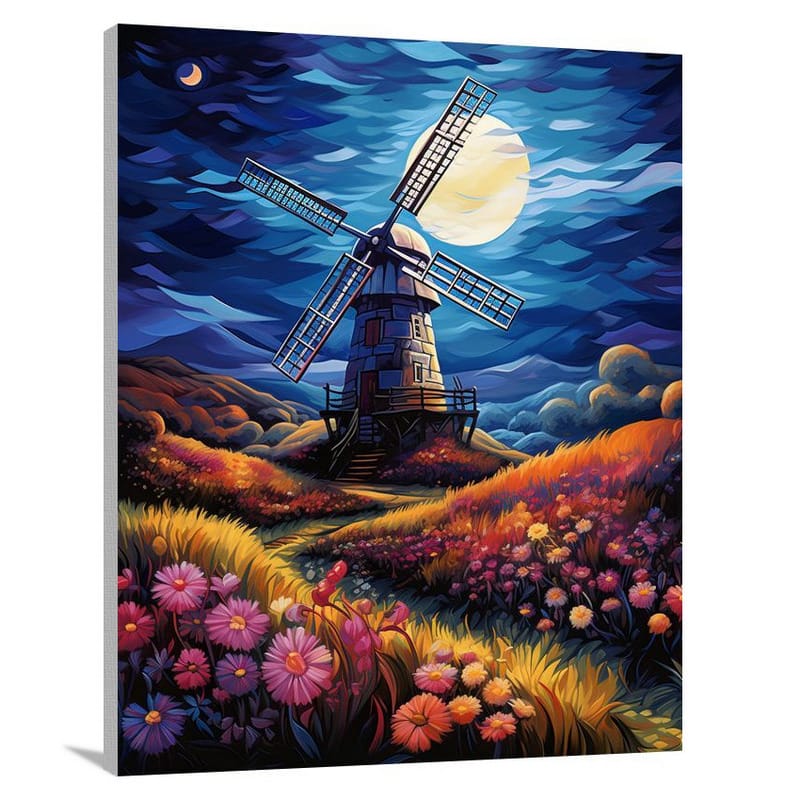 Whirling Moonlight: Windmill's Dance - Canvas Print