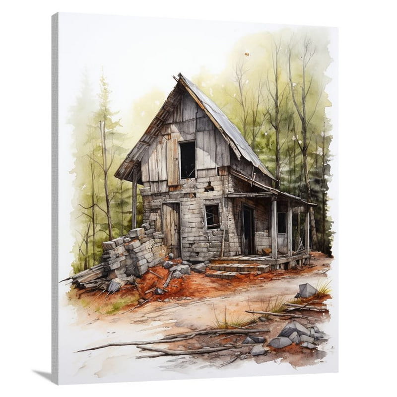 Whispering Memories: Cabin Architecture - Watercolor - Canvas Print