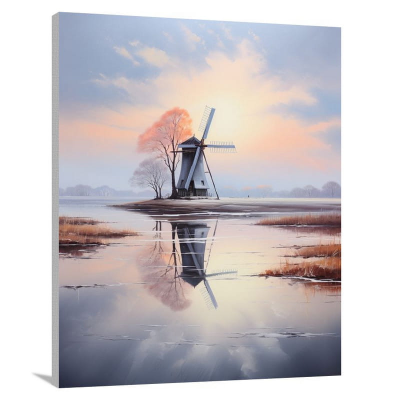 Whispering Reflections: Windmill on the Lake - Canvas Print