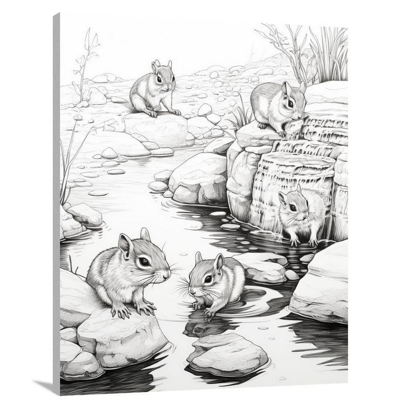 Whispering Waters: Chipmunk's Gathering - Canvas Print