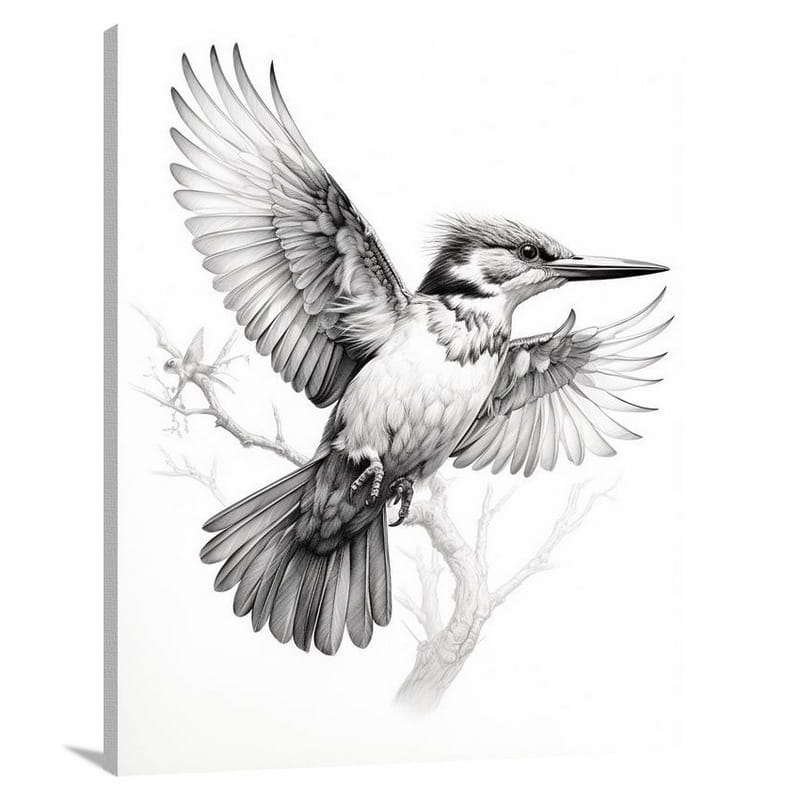 Whispers of Freedom: Kingfisher's Flight - Black And White - Canvas Print