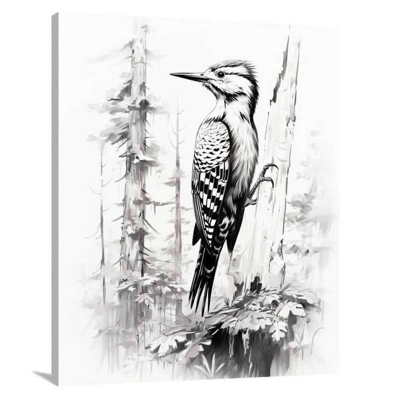 Woodpecker's Melody - Black And White - Canvas Print